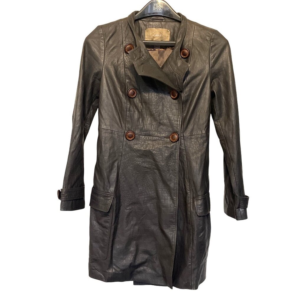 Emilie D. Black Long Leather Coat Double-Breasted Fully Lined Size M